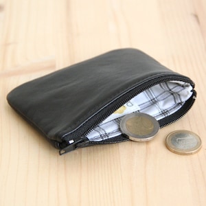 Cartera de cuero reciclado negro para hombre / Cartera clásica minimalista con cremallera / Cartera con forro a cuadros / Regalo de Navidad para el Día del Padre, Amigo