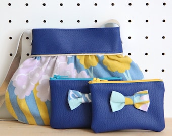 Lot Sac et Porte-Monnaie Enfant Fille Bleu Roy Jaune // Simili Cuir et Tissu vintage // Anse Cuir Véritable // Anniversaire