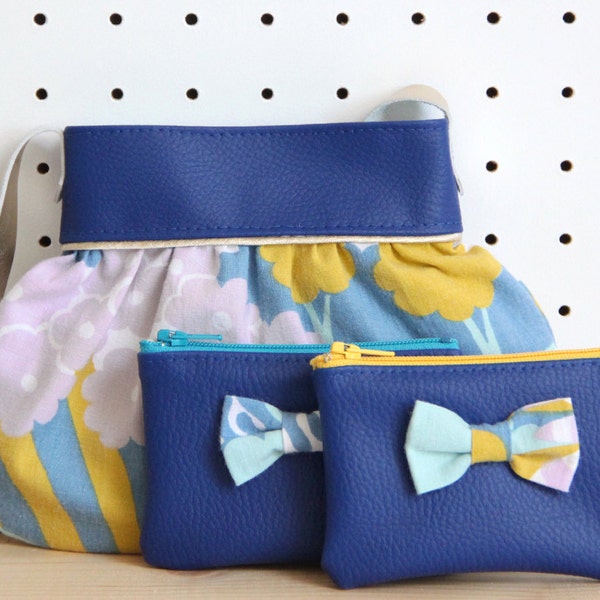 Lot Sac et Porte-Monnaie Enfant Fille Bleu Roy Jaune // Simili Cuir et Tissu vintage // Anse Cuir Véritable // Anniversaire