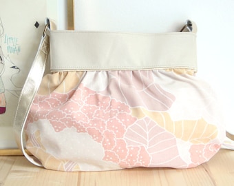 SALES Ecru Upcycled Leather Women Purse / Coral Mustard Boho Vintage Flowers Fabric / Golden Leather handle / Mother's day Birthday Gift