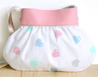 Little Girl Pastel Pink Purse // Faux Leather // Hearts Dots vintage fabric // Golden Leather Handle // Birthday Christmas Gift // SACE9