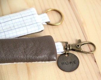 SALES Brown Genuine Recycled Leather Keychain / Shirt Blue Checks / Custom Order / Men Father's Day / PCH7