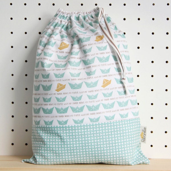 Baby Drawstring bag // Mint Blue Mustard Yellow Paper Boat // Baby Diapers Plush Pacifier