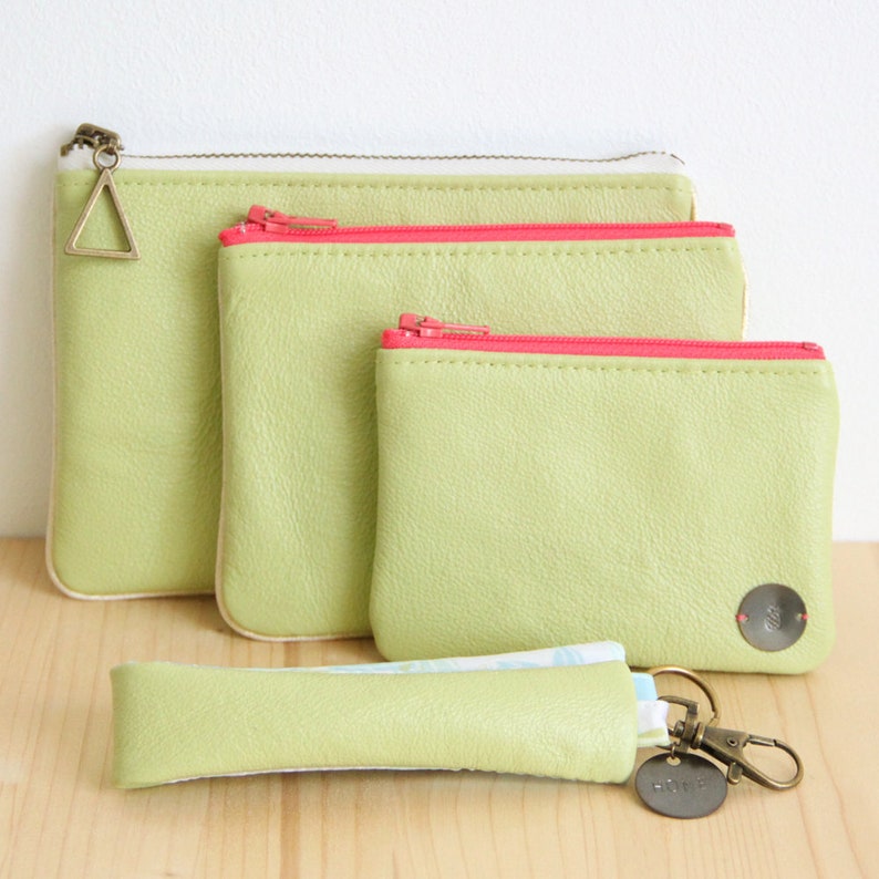 Large Wallet in Recycled Lime green Leather / Pink zipper Women Cardholder / Flowers pouch / Christmas personalize gift / Birthday / PC40 image 5