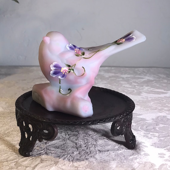 Vintage Fenton Blue Pink Burmese w/ Purple Flowers Hand Painted Bird on a Log 
