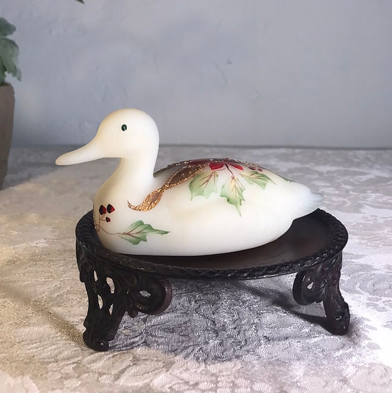 Vintage Fenton Satin Glass Hand Painted Poinsettia Duck Christmas 2800B