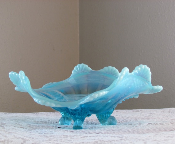 Northwood Fluted Scrolls Blue Opal  Footed Tray