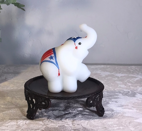 Vintage Fenton Patriotic Circus Elephant Figurine Hand Painted & Signed White Satin Finish