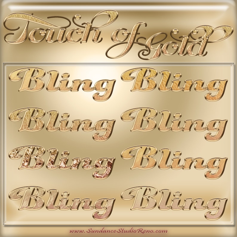 以下が含まれることがあります： 「Touch of Gold」という文字が上部にあり、その下に「Bling Bling」という文字が4回繰り返されている、金色のテキストエフェクトのグラフィック。テキストはスタイリッシュな筆記体で、キラキラとしたメタリックな外観をしています。