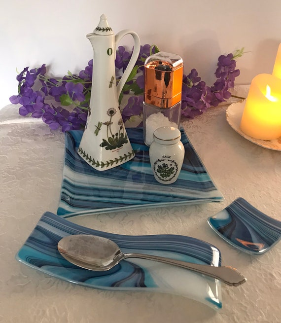 Blueberry Opal Art Streaky Fused Glass Kitchen Tray with matching spoon rest and tea bag holder/trinket dish.