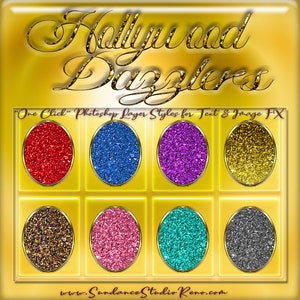 May include: A set of eight Photoshop layer styles for text and image effects. The styles feature a glittery, sparkling effect in various colors, including red, blue, purple, gold, brown, pink, turquoise, and gray.