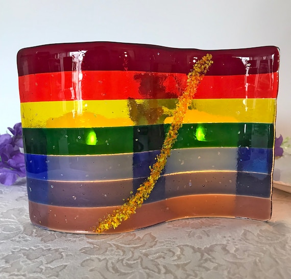 Rainbow Chakra candle shelter, S curve transparent fused glass.