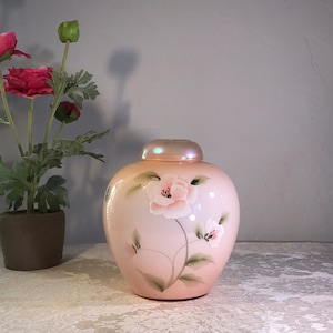 Fenton Vintage Hand Painted Camellia Pink & White Cased Glass Messenger  Exclusive Art Glass Jar, #1465/5303