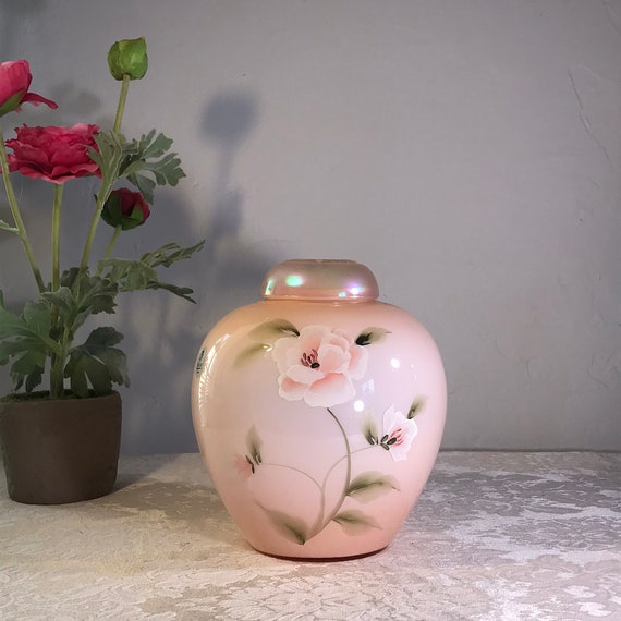 Fenton Vintage Hand Painted Camellia Pink & White Cased Glass Messenger  Exclusive Art Glass Jar, #1465/5303