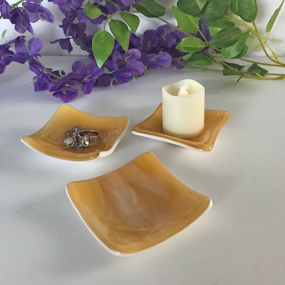 Amber-Honey Fused Glass Trinket Dish, Jewelry Dish, Candle or Tea Light Holder, Coins, Candy, Nuts, Salt.  3" X 3"