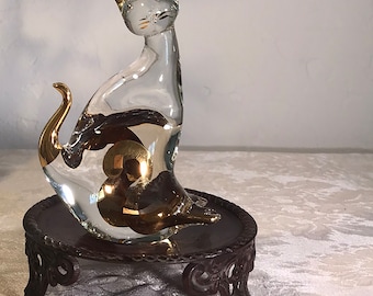Vintage Murano Art Glass Cat Figura-cristal y adornos dorados