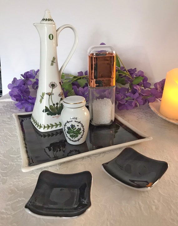Hot Fudge Chocolate Opal with marshmellow creme border Fused Glass Kitchen Tray with matching trinket/tealight dishes.