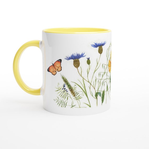 Wildflowers and Butterflies White 11oz Ceramic Mug with Yellow handle & interior.