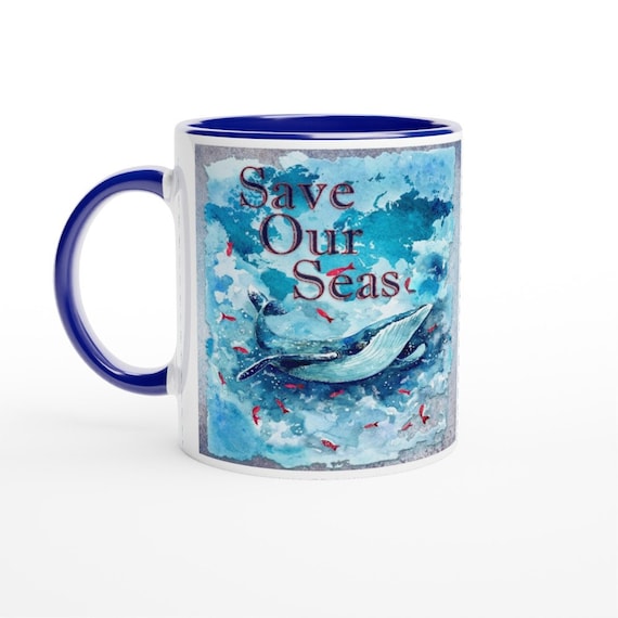 Save Our Seas White 11oz Ceramic Mug with Navy handle & interior.