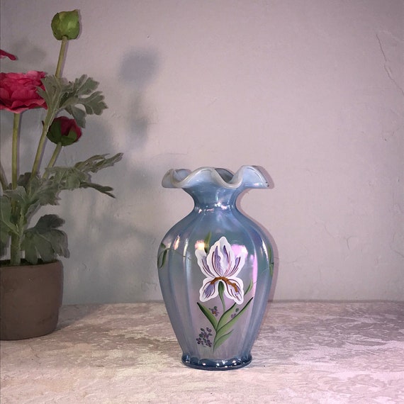 Fenton Blue Opalescent Iridescent Vase Hand Painted Iris Signed S. Stephens