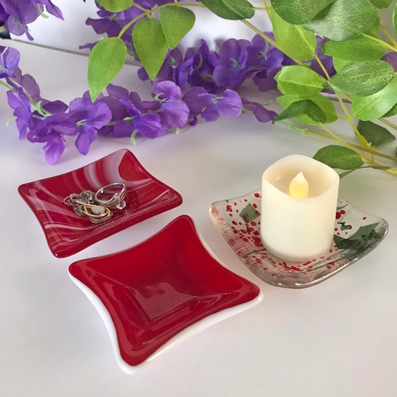 Strawberry & Cream Swirl Opal Art Fused Glass Trinket Dishes, Jewelry Dish, Candle or Tea Light Holder, Coins, Candy, Nuts, Salt.