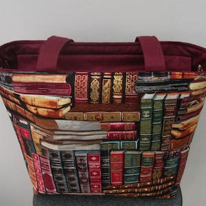 Zippered book bag, zippered tote, medium tote, book bag, gift for book lover, gift for reader, gift for her, tote with recessed zipper Wine red