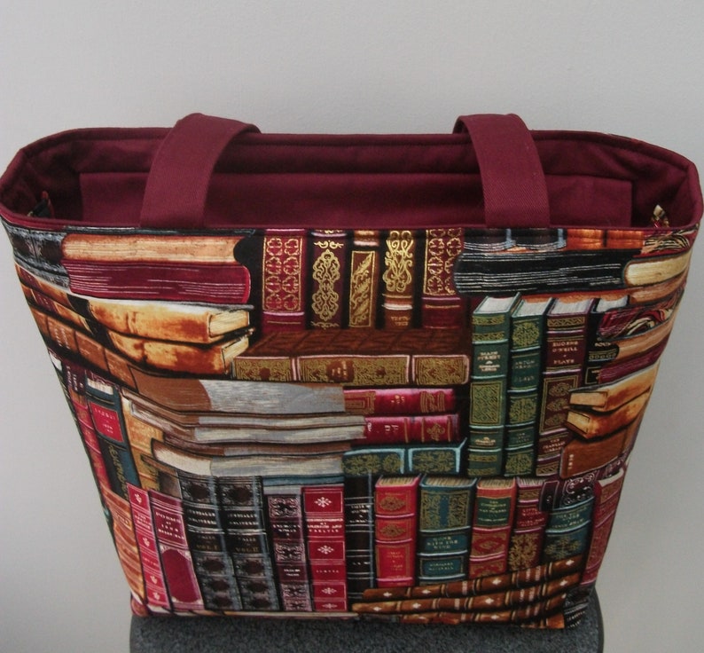 Zippered book bag, zippered tote, medium tote, book bag, gift for book lover, gift for reader, gift for her, tote with recessed zipper Wine red