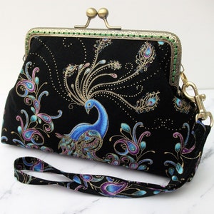 Kiss clasp purse, large purse, small clutch, peacock purse, peacock themed gift, clutch bag, wristlet purse