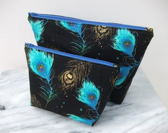 Cosmetics & Toiletries set in peacock fabric, Gift for her, Peacock fabric purse, cosmetics purse, toiletries bag, peacock feathers