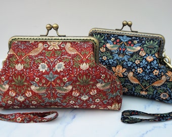 Kiss clasp purse, william morris purse, small clutch, evening bag,  strawberry thief purse, romantic themed gift, clutch bag, wristlet purse