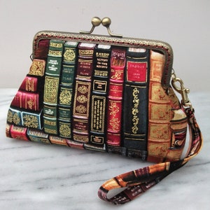 Kiss clasp purse, large purse, small clutch, gift for reader, book lover gift, clutch bag, librarian gift, wristlet purse