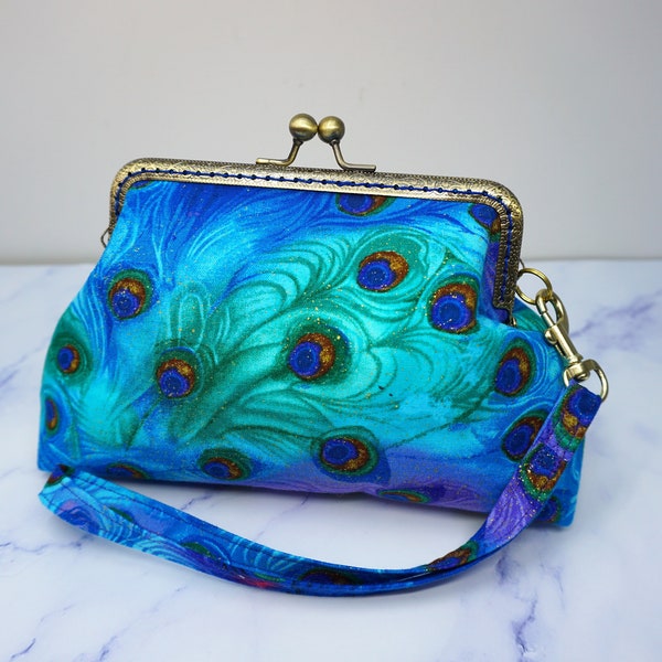 Kiss clasp purse, peacock purse, small clutch, evening bag, peacock feather purse, peacock themed gift, clutch bag, wristlet purse