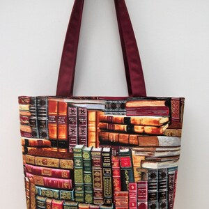 Zippered book bag, zippered tote, medium tote, book bag, gift for book lover, gift for reader, gift for her, tote with recessed zipper image 2