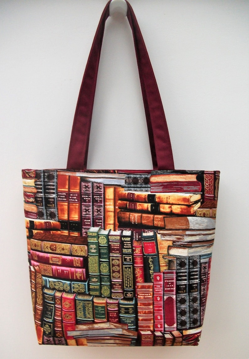 Zippered book bag, zippered tote, medium tote, book bag, gift for book lover, gift for reader, gift for her, tote with recessed zipper image 2