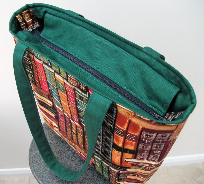 Zippered book bag, zippered tote, medium tote, book bag, gift for book lover, gift for reader, gift for her, tote with recessed zipper Dark green