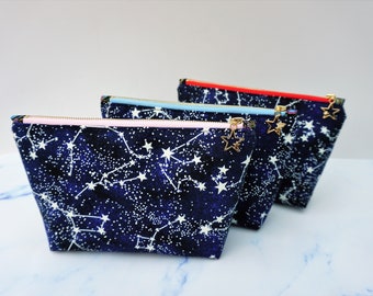Cosmetics purse in constellations fabric, Glow-in-the-dark fabric purse, cosmetics purse, small cosmetics purse, star patterned gift,