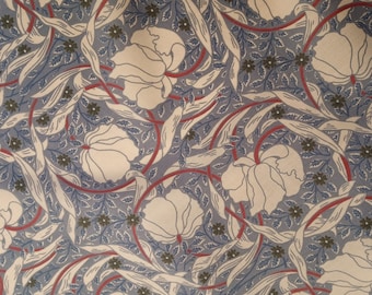 William Morris Mustard Blue Pimpernel LAWN Cotton Fabric per 50cm