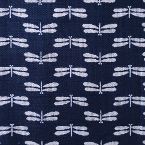 Navy Dragonflies Japanese Print Fabric on Nara Homespun Linen Cotton Fabric per 50cm