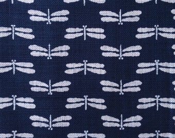 Navy Dragonflies Japanese Print Fabric on Nara Homespun Linen Cotton Fabric per 50cm