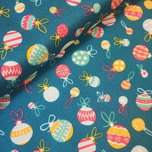Liberty of London Deck the Halls- Christmas Tumbling Baubles Aqua Cotton Fabric Per 50cm