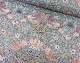 William Morris Aqua Mini Strawberry Thief Cotton Fabric per 50cm