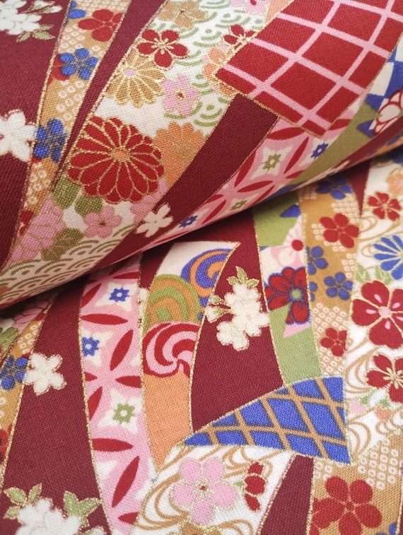 Traditional Japanese Red Floral Homespun Print on Cotton Fabric per 50cm 63280-103