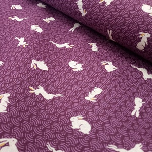 Traditional Imported Japanese Purple Rabbits Homespun Print on Cotton Fabric per 50cm