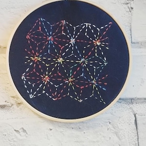 Peut inclure: Un cercle de broderie circulaire avec un fond en tissu bleu foncé. Le tissu est brodé d'un motif géométrique de fil blanc, rouge, jaune, bleu et vert.