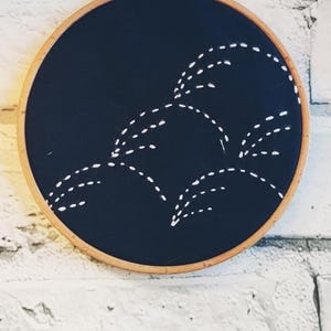 Puede incluir: Un aro de bordado negro con puntadas blancas en un diseño sencillo. El aro está colgado en una pared de ladrillo blanco.