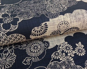 Indigo Cream Kasuri Traditional Japanese Print Fabric on Linen Cotton Fabric per 50cm 88334 2-1