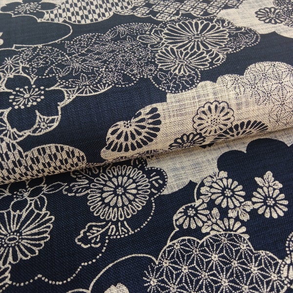 Indigo Cream Kasuri Traditional Japanese Print Fabric on Linen Cotton Fabric per 50cm 88334 2-1