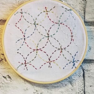 Japanese Sashiko Embroidery Starter Kit with Shippou Circle Design for Beginners including Thread, Template and Fabric