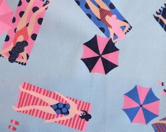 Tela azul para bañadores, estampado playero, mezcla de poliamida y elastano, por 50 cm