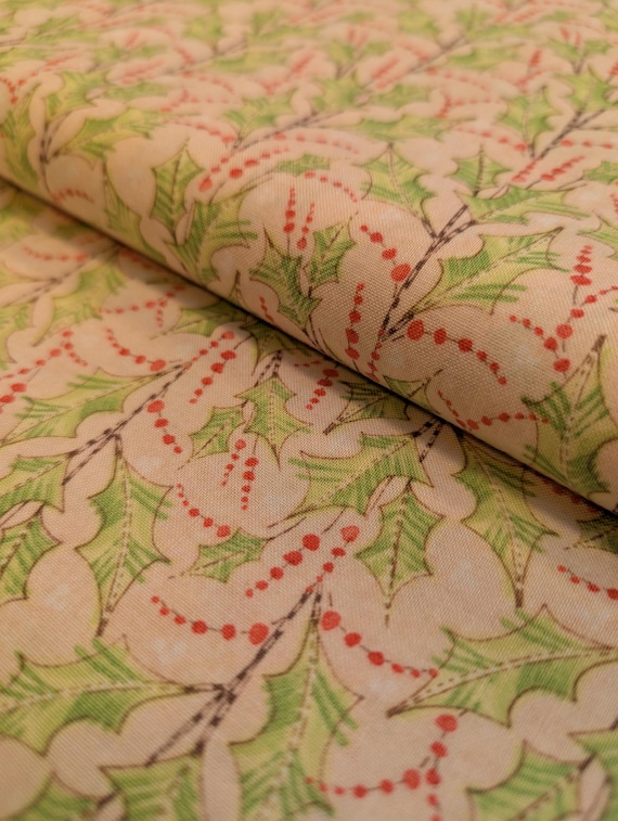 christmas dress making fabric Christmas Holly Print Peach Cotton Fabric: Quilting & Dressmaking Per 50cm